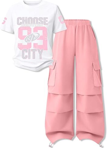 Tween Girls Clothes Short Sleeve Graphic T-Shirt Top & Cargo Pants 2PCS Outfit Set Size 9-16 Years in Kuwait