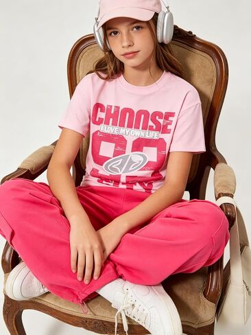 Tween Girls Clothes Short Sleeve Graphic T-Shirt Top & Cargo Pants 2PCS Outfit Set Size 9-16 Years in Kuwait