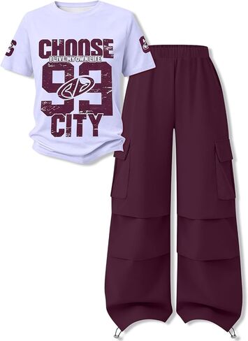 Tween Girls Clothes Short Sleeve Graphic T-Shirt Top & Cargo Pants 2PCS Outfit Set Size 9-16 Years in Kuwait