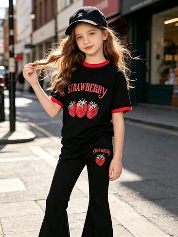Tween ملابس الفتيات القصيرة تي شيرت برسومات الفراولة + سروال واسع، طقم ملابس مكون من قطعتين، مقاس 7-14 سنة in Kuwait