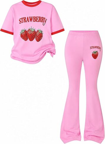 Tween Girls Clothes Short Strawberry Graphic T-Shirt Top+Flare Pants 2pcs Outfit Set, Size 7-14 Years in Kuwait