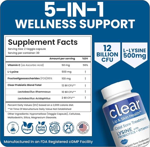 Lysine Cold Sore Treatment for Lips with Pre-Probiotics & VIT C | 1 Month Supply | Supercharged Lysine Capsules with Rhamnosus & Acidophilus for Cold Sores Relief, Skin + Gut Health & Immune Support in Saudi Arabia