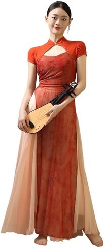 ROYAL SMEELA Women's Modern Qipao Set Elegant Chinese Style Cheongsam Performance Dress, Top+Culottes for Dance & Stage in Kuwait