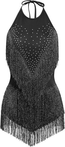 IDOPIP Women Latin Dance Fringe Dress Halter Sequin Bodysuit Outfit Tassel Dance Costume Salsa Ballroom Performance Clubwear in Saudi Arabia