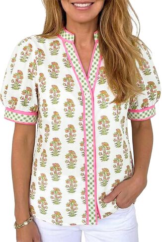 Tankaneo Womens Puff Sleeve Button Down Shirts Floral Summer Casual V Neck Boho Tops Color Block Loose Fit Collared Blouse in Kuwait