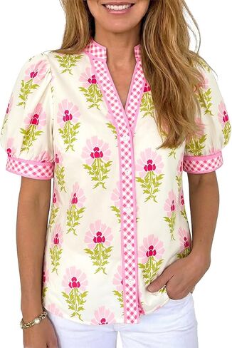 Tankaneo Womens Puff Sleeve Button Down Shirts Floral Summer Casual V Neck Boho Tops Color Block Loose Fit Collared Blouse in Kuwait