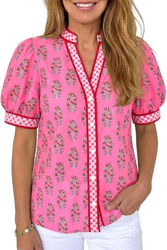 Tankaneo Womens Puff Sleeve Button Down Shirts Floral Summer Casual V Neck Boho Tops Color Block Loose Fit Collared Blouse in Kuwait