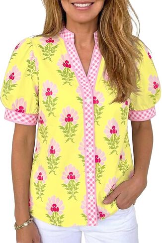 Tankaneo Womens Puff Sleeve Button Down Shirts Floral Summer Casual V Neck Boho Tops Color Block Loose Fit Collared Blouse in Kuwait