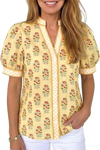 Tankaneo Womens Puff Sleeve Button Down Shirts Floral Summer Casual V Neck Boho Tops Color Block Loose Fit Collared Blouse in Kuwait