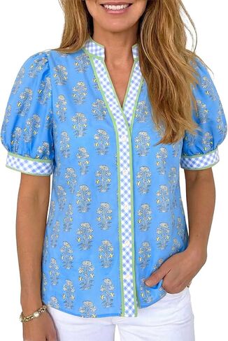 Tankaneo Womens Puff Sleeve Button Down Shirts Floral Summer Casual V Neck Boho Tops Color Block Loose Fit Collared Blouse in Kuwait