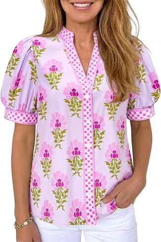 Tankaneo Womens Puff Sleeve Button Down Shirts Floral Summer Casual V Neck Boho Tops Color Block Loose Fit Collared Blouse in Kuwait