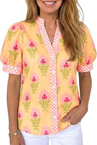 Tankaneo Womens Puff Sleeve Button Down Shirts Floral Summer Casual V Neck Boho Tops Color Block Loose Fit Collared Blouse in Kuwait