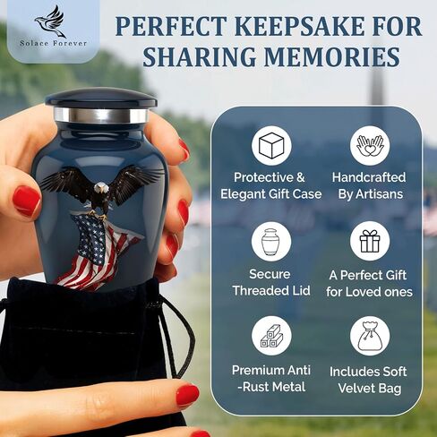 Solace Forever Small Urns for Human Ashes - Patriotic Eagle with US Flag Design - Mini Urn Keepsake Memorial for Men and Women - Handcrafted Remembrance Urn for Ashes (Black, Set of 1) in Kuwait