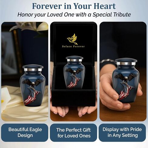 Solace Forever Small Urns for Human Ashes - Patriotic Eagle with US Flag Design - Mini Urn Keepsake Memorial for Men and Women - Handcrafted Remembrance Urn for Ashes (Black, Set of 1) in Kuwait