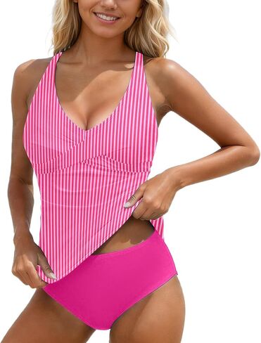 Two Piece Swimsuit for Women Tummy Control High Waisted Bathing Suits V Neck Tankini Top Bikini Bottoms Swimwear in Kuwait
