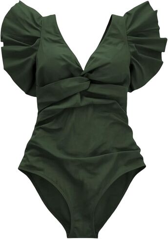 Aniywn Green Swimsuits for Women Full Coverage Bathing Suits V Neck Ruffle Sleeve Mesh Swimsuit High Waist Swimwear 2026 in Kuwait
