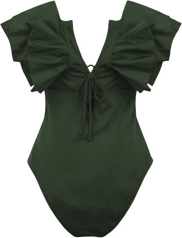 Aniywn Green Swimsuits for Women Full Coverage Bathing Suits V Neck Ruffle Sleeve Mesh Swimsuit High Waist Swimwear 2026 in Kuwait