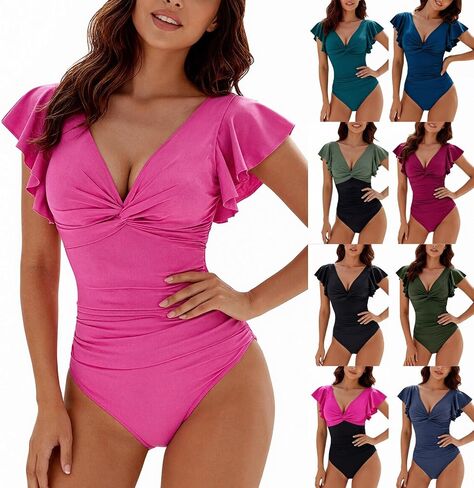 Aniywn Green Swimsuits for Women Full Coverage Bathing Suits V Neck Ruffle Sleeve Mesh Swimsuit High Waist Swimwear 2026 in Kuwait