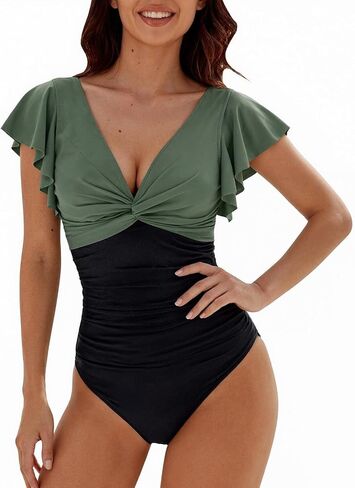 Aniywn Green Swimsuits for Women Full Coverage Bathing Suits V Neck Ruffle Sleeve Mesh Swimsuit High Waist Swimwear 2026 in Kuwait