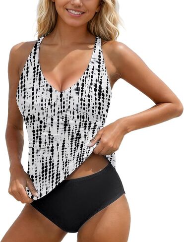 Two Piece Swimsuit for Women Tummy Control High Waisted Bathing Suits V Neck Tankini Top Bikini Bottoms Swimwear in Kuwait