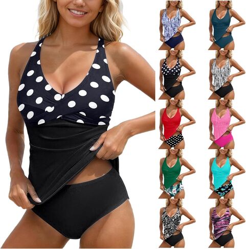 Two Piece Swimsuit for Women Tummy Control High Waisted Bathing Suits V Neck Tankini Top Bikini Bottoms Swimwear in Kuwait