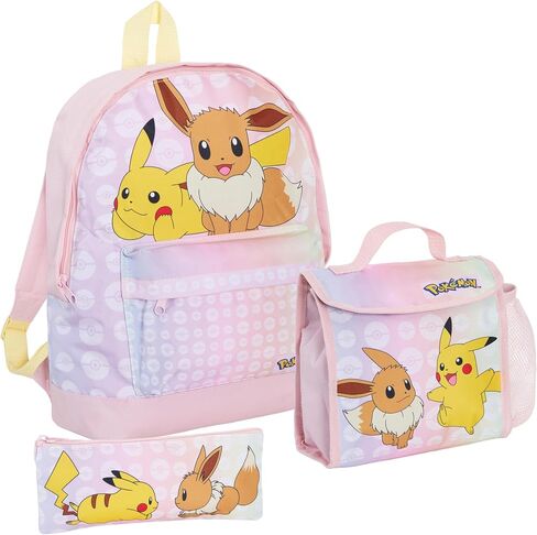 Girls Pokemon Backpack + Lunch Bag + Pencil Case 3 Piece Pikachu & Eevee College School Bag Set, Pink, Backpack in Kuwait