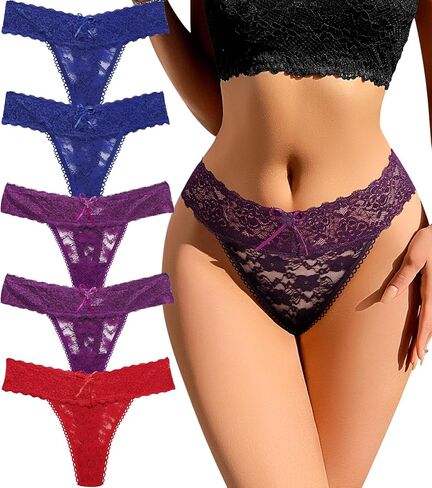 Womens Sexy Thongs Lace Underwear Soft See Through T Back Tangas Low Rise Breathable Ladies No Show Panties 5 Pack in Saudi Arabia