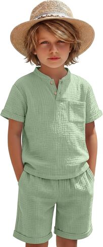 Boys 2 Piece Cotton Outfits 5-14Y Short Sleeve Button Down Shirt Shorts Pockets Summer Clothes Henley Casual Set in Kuwait