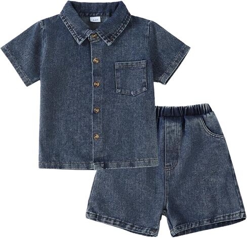 Cakaner Toddler Boy Clothes 2 Piece Short Sleeve Button Down Shirt and Shorts Denim Outfit Set Kids Summer Clothes Size 4-8 in Saudi Arabia