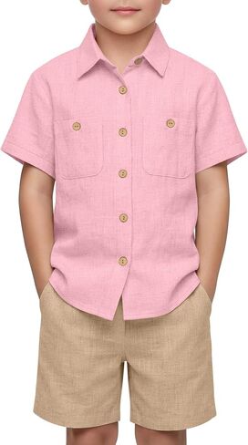 Oakgarden Boys' 2 Piece Linen Outfits Beach Vacation Short Sleeve Button Down Shirts Shorts Sets Kids Summer Casual Pockets in Kuwait