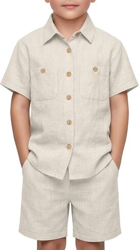 Oakgarden Boys' 2 Piece Linen Outfits Beach Vacation Short Sleeve Button Down Shirts Shorts Sets Kids Summer Casual Pockets in Kuwait