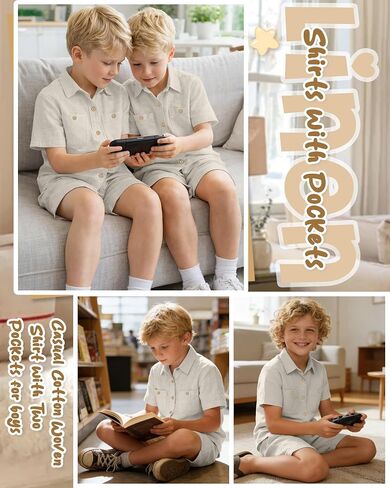 Oakgarden Boys' 2 Piece Linen Outfits Beach Vacation Short Sleeve Button Down Shirts Shorts Sets Kids Summer Casual Pockets in Kuwait