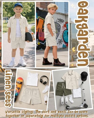 Oakgarden Boys' 2 Piece Linen Outfits Beach Vacation Short Sleeve Button Down Shirts Shorts Sets Kids Summer Casual Pockets in Kuwait