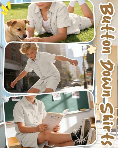 Oakgarden Boys' 2 Piece Linen Outfits Beach Vacation Short Sleeve Button Down Shirts Shorts Sets Kids Summer Casual Pockets in Kuwait