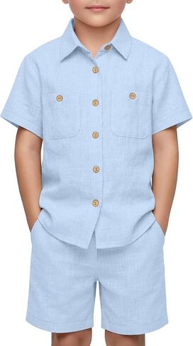 Oakgarden Boys' 2 Piece Linen Outfits Beach Vacation Short Sleeve Button Down Shirts Shorts Sets Kids Summer Casual Pockets in Kuwait