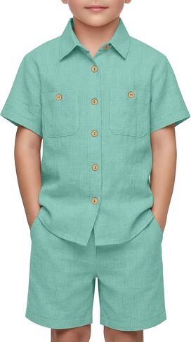 Oakgarden Boys' 2 Piece Linen Outfits Beach Vacation Short Sleeve Button Down Shirts Shorts Sets Kids Summer Casual Pockets in Kuwait