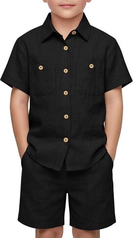 Oakgarden Boys' 2 Piece Linen Outfits Beach Vacation Short Sleeve Button Down Shirts Shorts Sets Kids Summer Casual Pockets in Kuwait