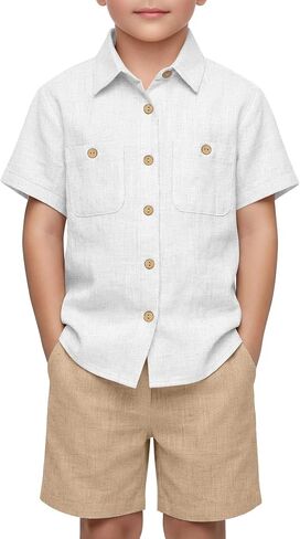 Oakgarden Boys' 2 Piece Linen Outfits Beach Vacation Short Sleeve Button Down Shirts Shorts Sets Kids Summer Casual Pockets in Kuwait