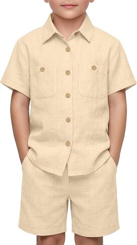 Oakgarden Boys' 2 Piece Linen Outfits Beach Vacation Short Sleeve Button Down Shirts Shorts Sets Kids Summer Casual Pockets in Kuwait