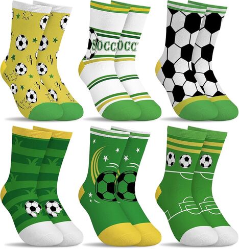 6 Pairs Kids Boys Socks Cartoon Soccer Pentagon Stripes Lawn Yellow Green Breathable Crew Sock aged for 1-7 Years in Saudi Arabia