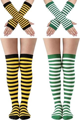 2 Sets Striped Knee High Socks & Leg And Arm Warmers Women, Long Fingerless Gloves For Halloween Party, Colorful Stretchy Costume Accessories Set, Green and White & Yellow and Black in Saudi Arabia