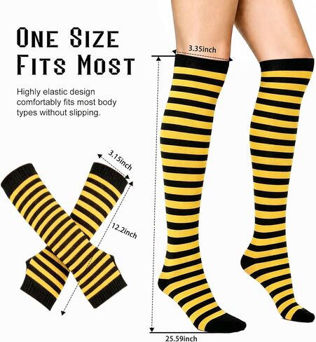 2 Sets Striped Knee High Socks & Leg And Arm Warmers Women, Long Fingerless Gloves For Halloween Party, Colorful Stretchy Costume Accessories Set, Green and White & Yellow and Black in Saudi Arabia