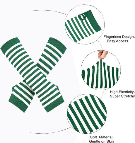 2 Sets Striped Knee High Socks & Leg And Arm Warmers Women, Long Fingerless Gloves For Halloween Party, Colorful Stretchy Costume Accessories Set, Green and White & Yellow and Black in Saudi Arabia