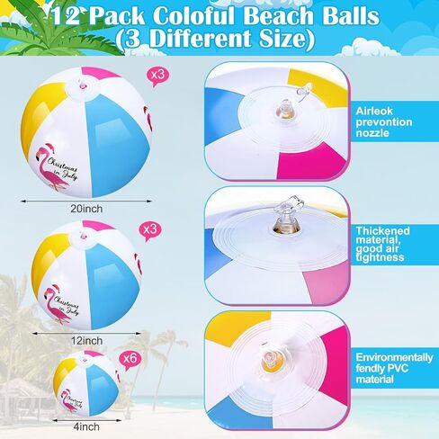 12 Pack 12" Beach Balls Bulk Christmas in July Inflatable Flamingo Swimming Pool Balls for Birthday Party Supplies Favors Luau Decorations Summer Blow up Classic Rainbow Water Fun Gifts in Saudi Arabia