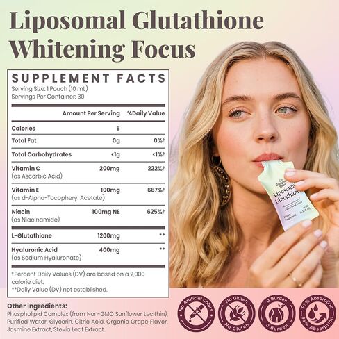 Liposomal Glutathione Liquid 1000mg – High Absorption Glutathione Supplement – Skin Brightening & Antioxidant Support – Beauty & Glow Formula for Women – Grape Jasmine Flavor – 30 Pouches in Saudi Arabia