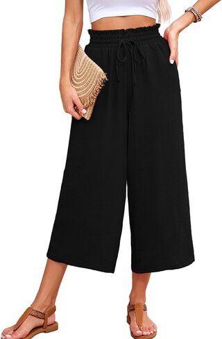 KORSIS Capri Pants for Women Wide Leg High Waisted Casual Summer Dressy Palazzo Vacation Beach Tie Belt Trousers with Pockets Black Large in Saudi Arabia