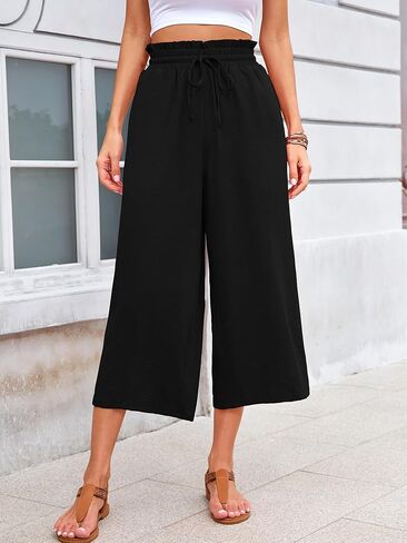 KORSIS Capri Pants for Women Wide Leg High Waisted Casual Summer Dressy Palazzo Vacation Beach Tie Belt Trousers with Pockets Black Large in Saudi Arabia