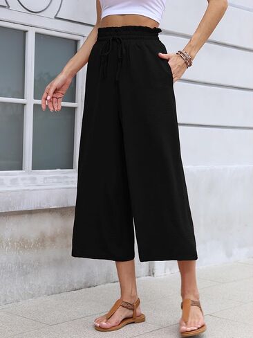 KORSIS Capri Pants for Women Wide Leg High Waisted Casual Summer Dressy Palazzo Vacation Beach Tie Belt Trousers with Pockets Black Large in Saudi Arabia