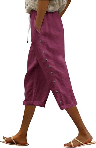 Women Summer Capri Pants Trendy Side Button Capris Drawstring Elastic Waist Cotton Linen Cropped Pant with Pockets in Saudi Arabia