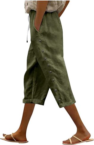 Women Summer Capri Pants Trendy Side Button Capris Drawstring Elastic Waist Cotton Linen Cropped Pant with Pockets in Saudi Arabia